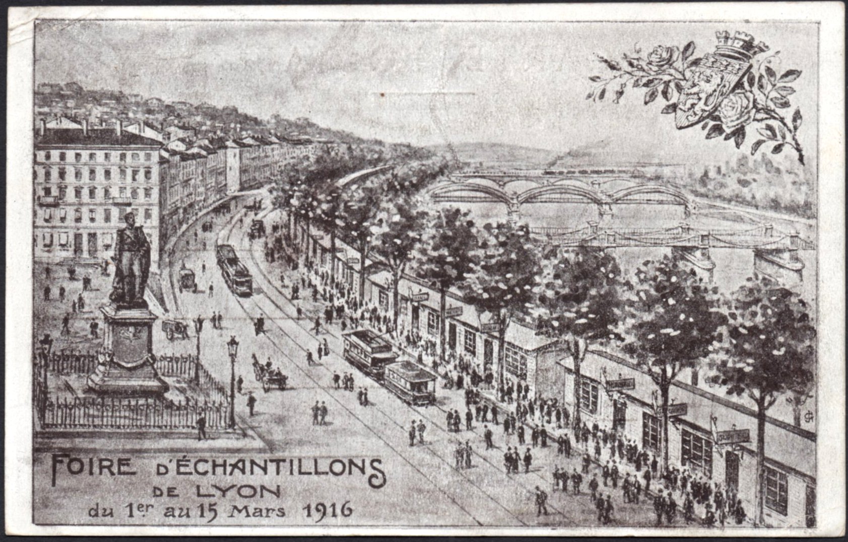 France : Lyon : Postcard promoting 1916 Foire d'Echantillons de Lyon : Train and Trams